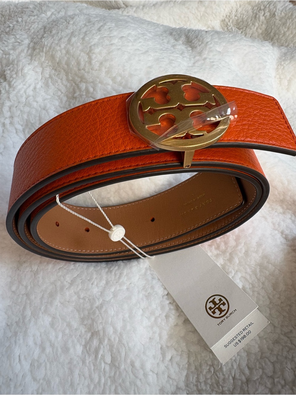 Tory Burch Orange Pebbled Leather Belt with Gold Logo Buckle